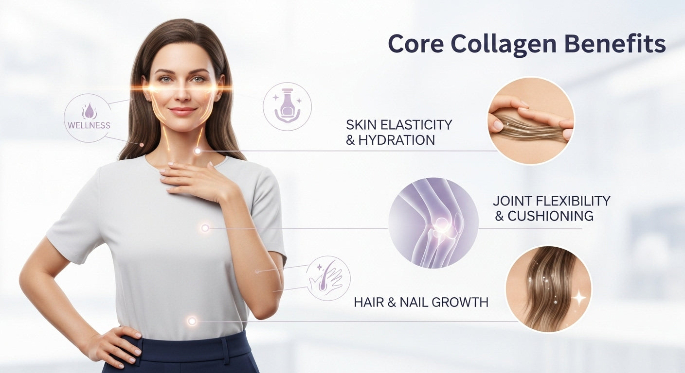 Illustration highlighting five surprising signs of low collagen levels, showing effects on skin, hair, joints, and overall wellness.