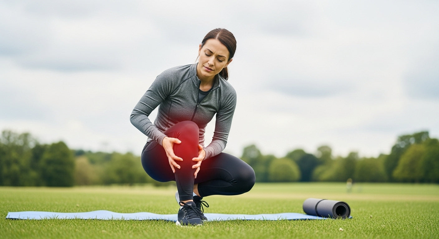 A woman holding her knee in discomfort after exercise, highlighting joint pain and the potential benefits of marine collagen for faster post-workout recovery and mobility support.