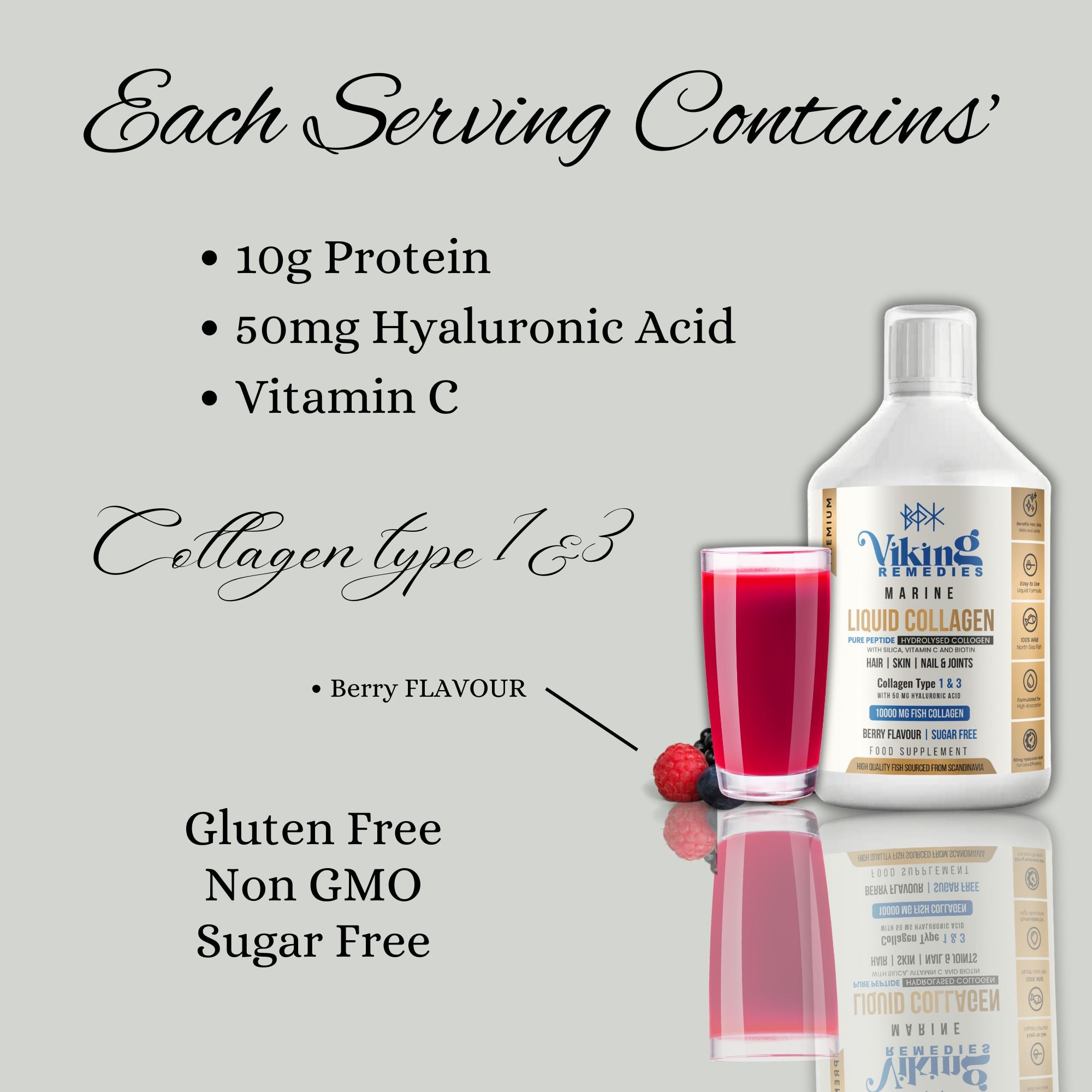 Flat-lay of Marine Collagen Liquid bottle with fresh berries – highlighting natural berry flavour and health benefits.