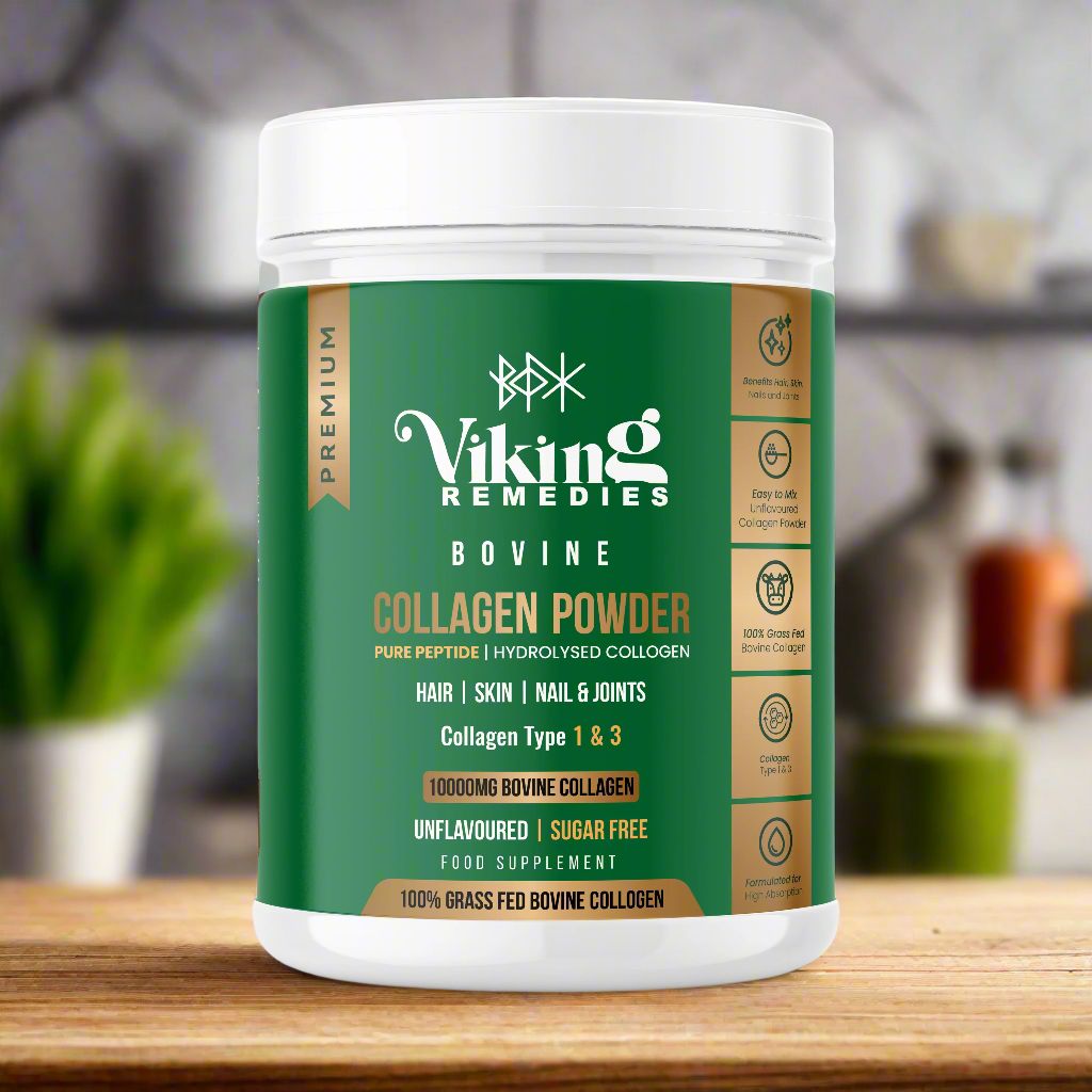 UK Bovine Collagen Powder supplement – pure hydrolysed collagen peptides from grass-fed cattle for skin elasticity, joint flexibility, and healthy nails.