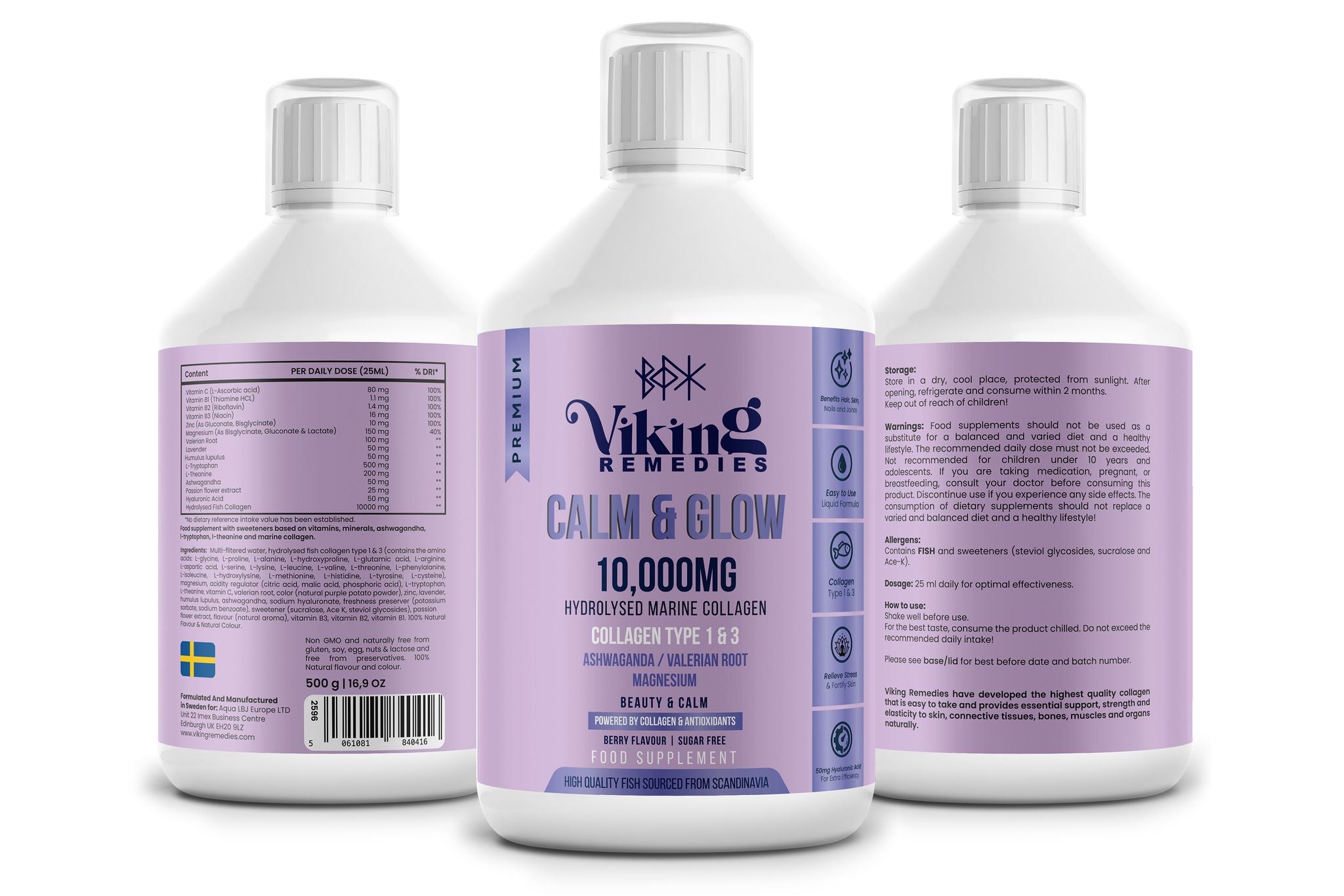 Marine Collagen 10,000mg with Ashwagandha and Magnesium – Calm & Glow Berry Flavour Liquid Supplement 500ml for Skin & Joint Support