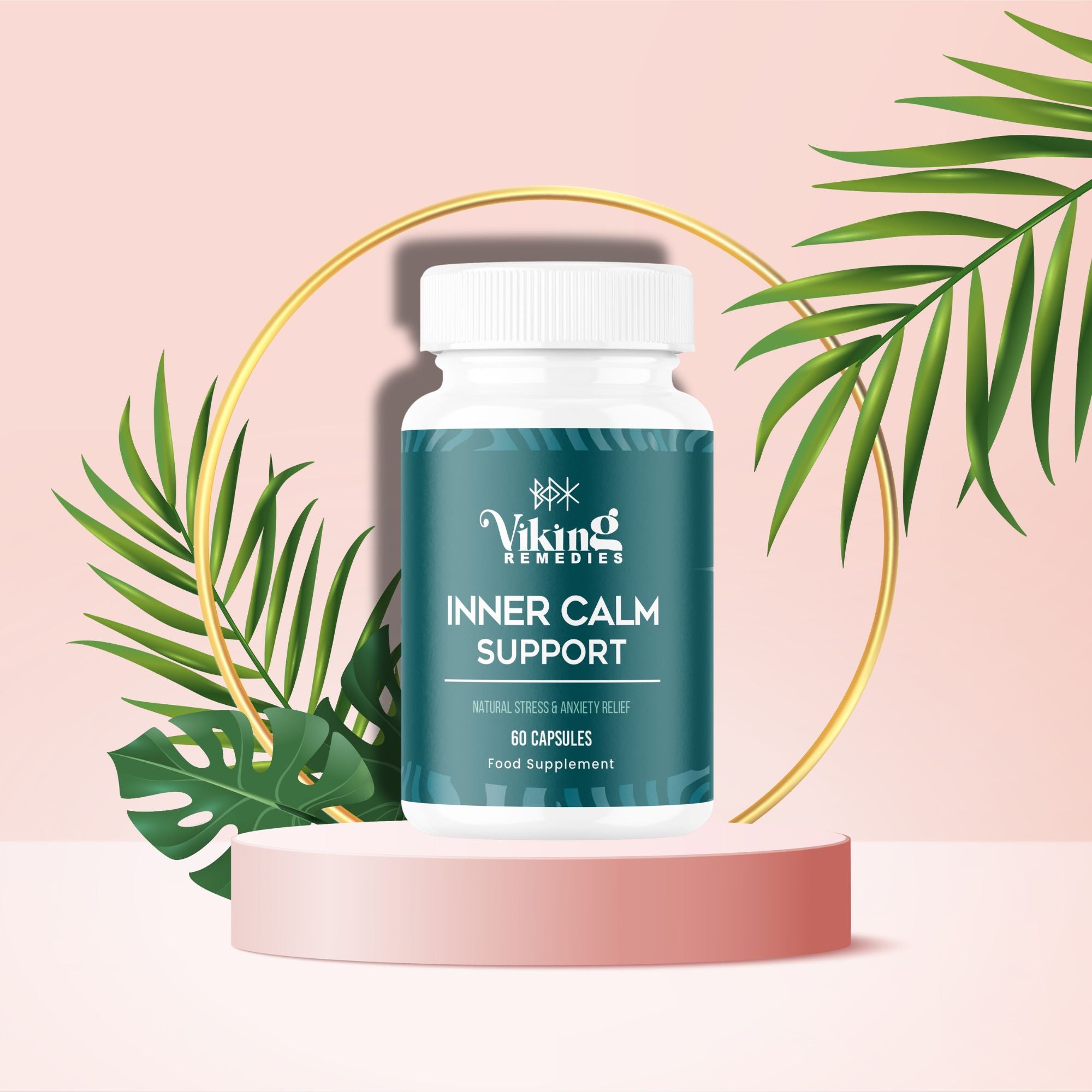 Inner Calm support supplement bottle – formulated with natural ingredients to help reduce anxiety, enhance sleep, boost mood, and maintain emotional balance.