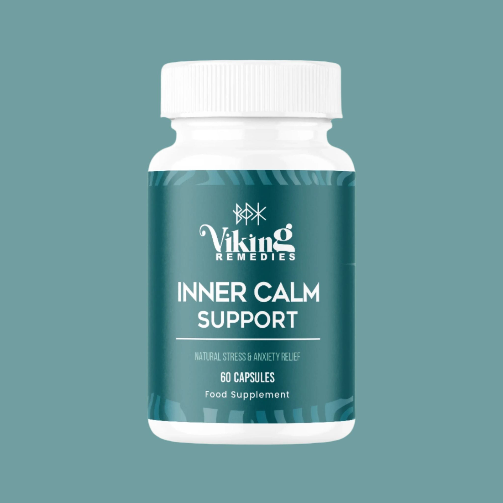 Premium Inner Calm supplement – Viking Remedies natural adaptogen and calming herb formula for relaxation, stress relief, and improved mental well-being.