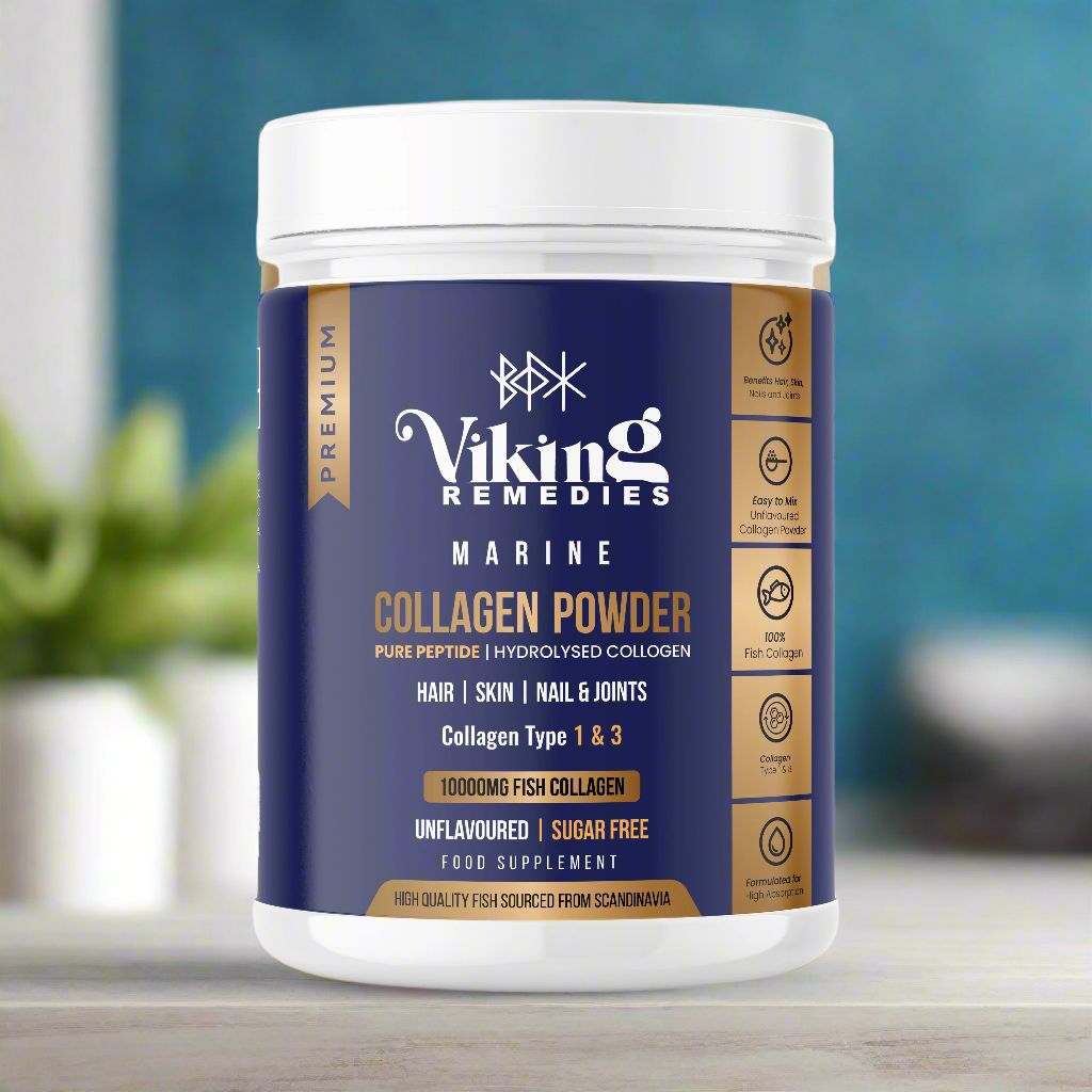 Two Viking Remedies Marine Collagen Powder bottles, 300g each, pure and high-strength collagen supplement. Ideal for skin elasticity, hair growth, and joint support. Available in the UK with fast shipping.