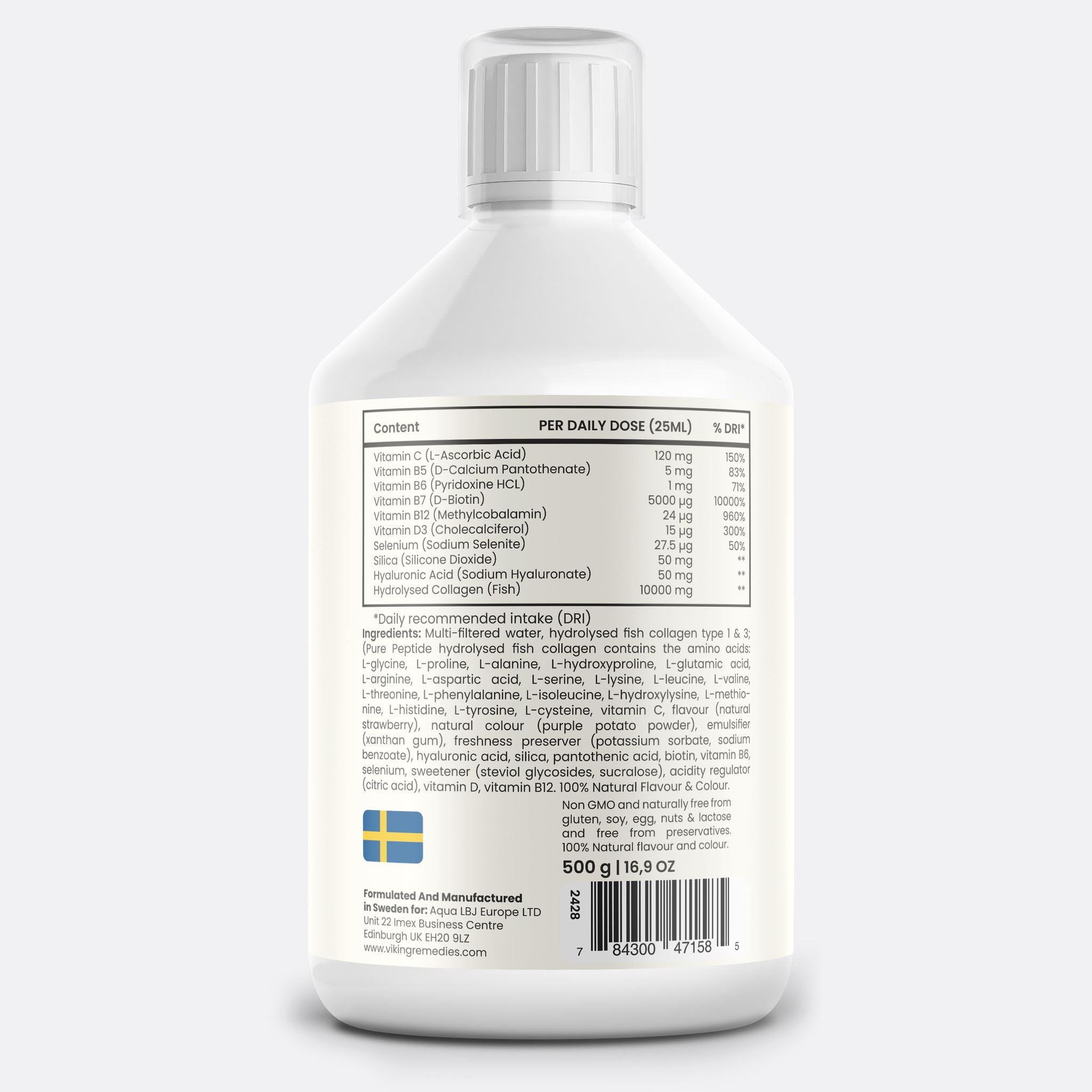 Close-up of Marine Collagen Liquid 500ml – high-strength collagen peptides for beauty and wellness.