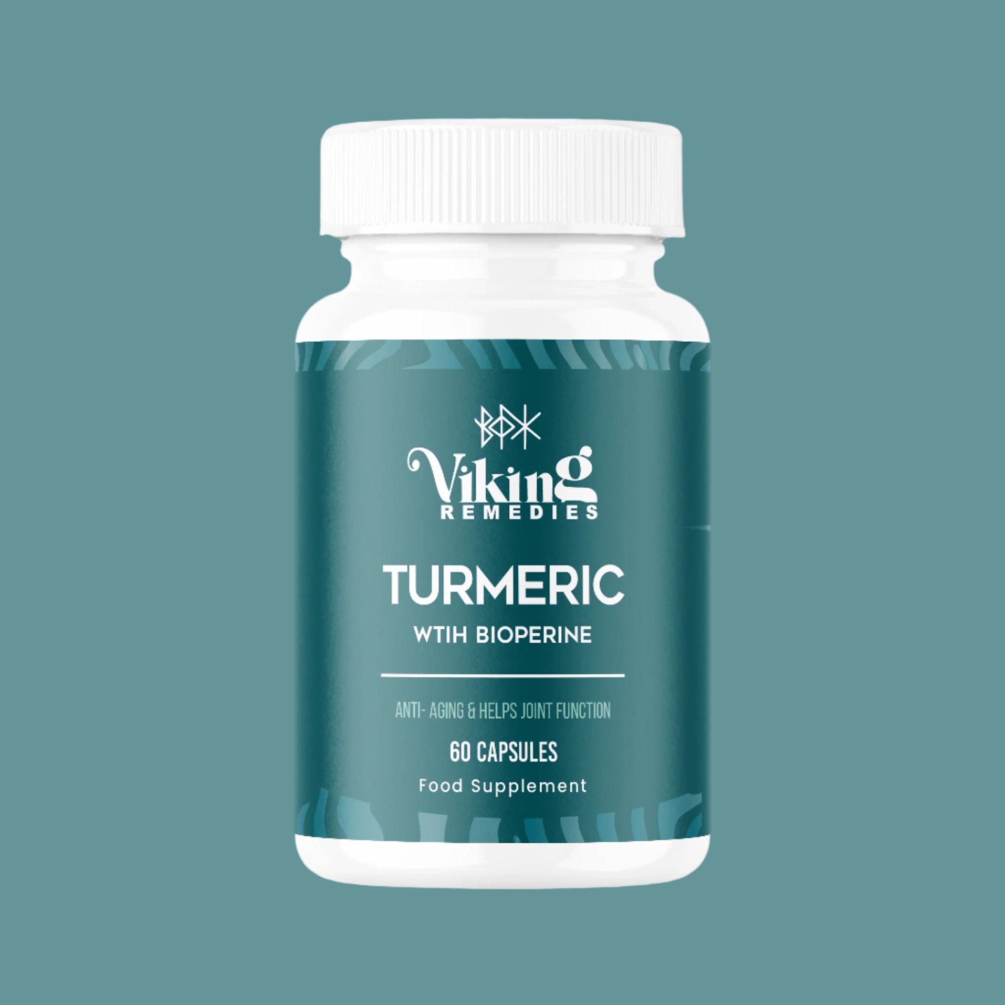 Viking Remedies Organic Turmeric with Bioperine capsules for enhanced absorption, joint health, and immune support.