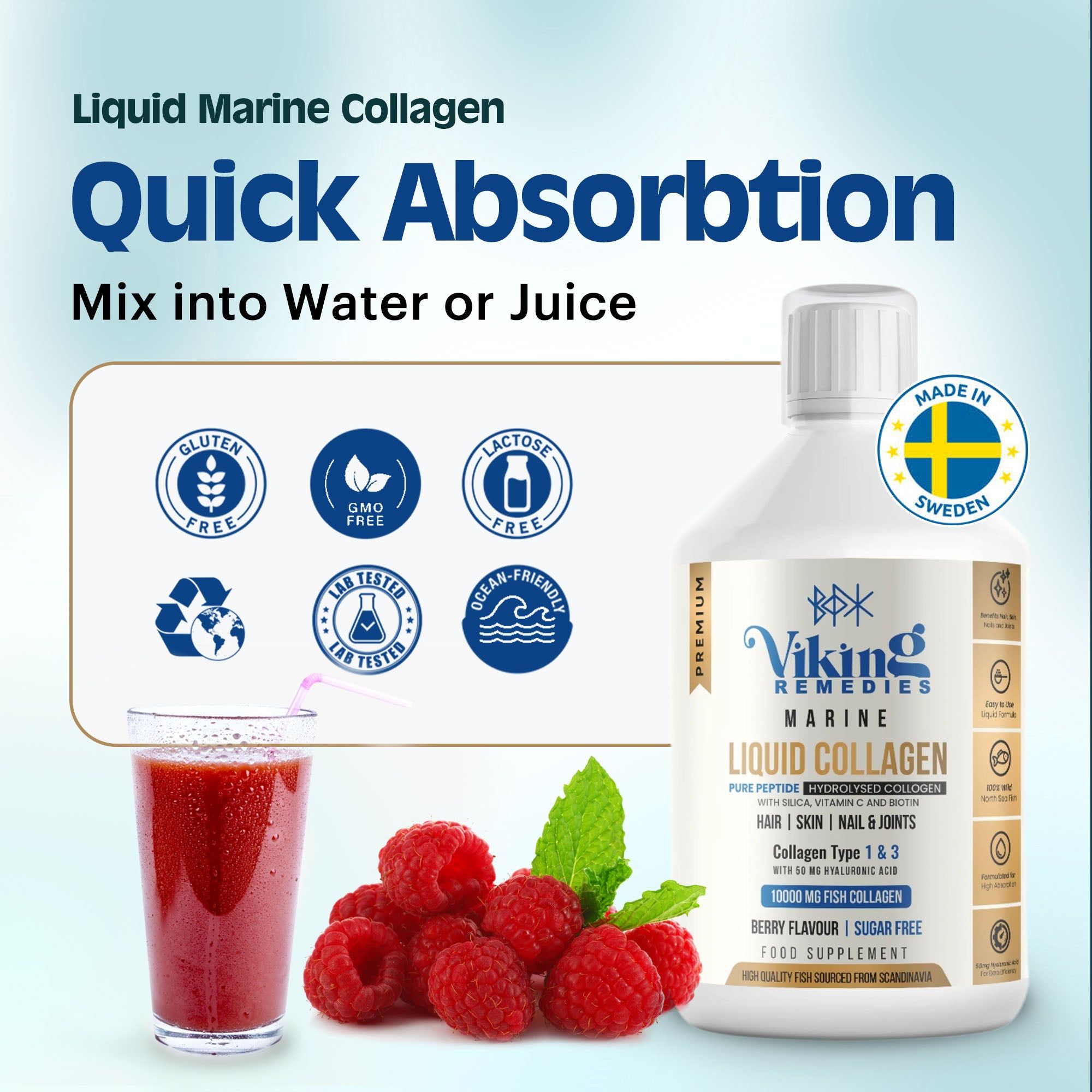 Berry flavour Marine Collagen Liquid – premium beauty supplement in 500ml bottle to support youthful skin and joint flexibility.