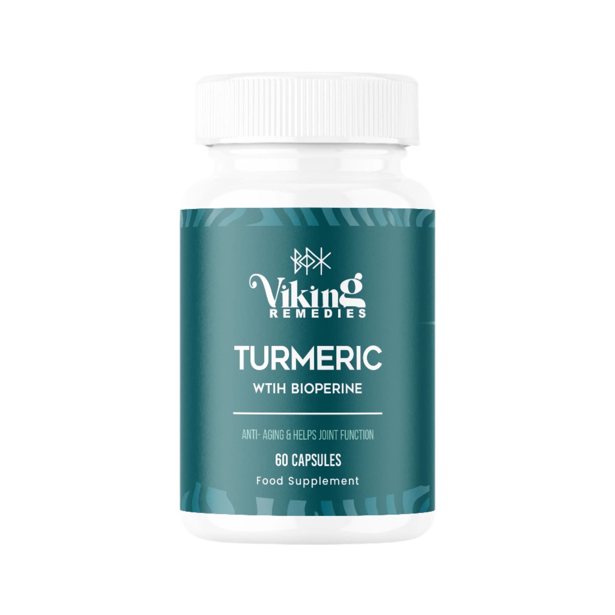 Viking Remedies Organic Turmeric with Bioperine capsules – high absorption turmeric supplement for joint health, immune support, and overall wellness in premium supplement bottle.