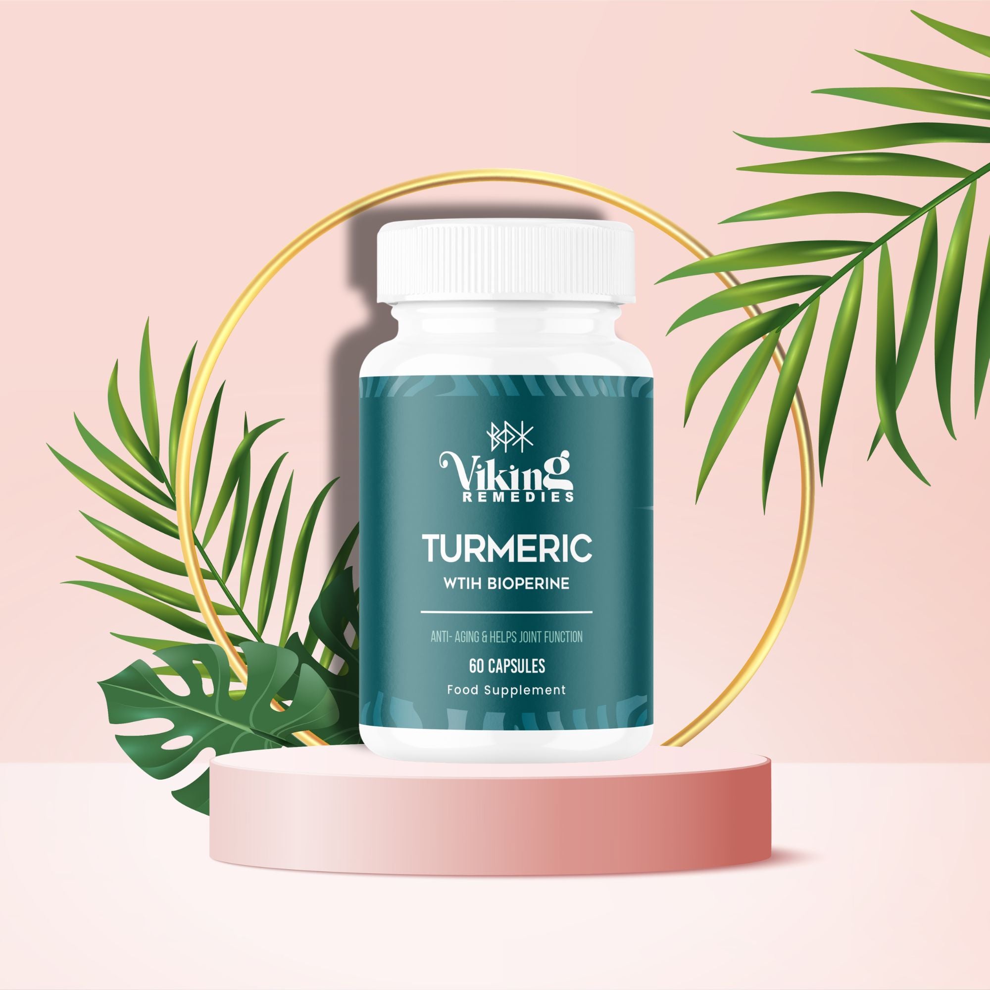 Viking Remedies Organic Turmeric with Bioperine capsules for enhanced absorption, joint health, and immune support.