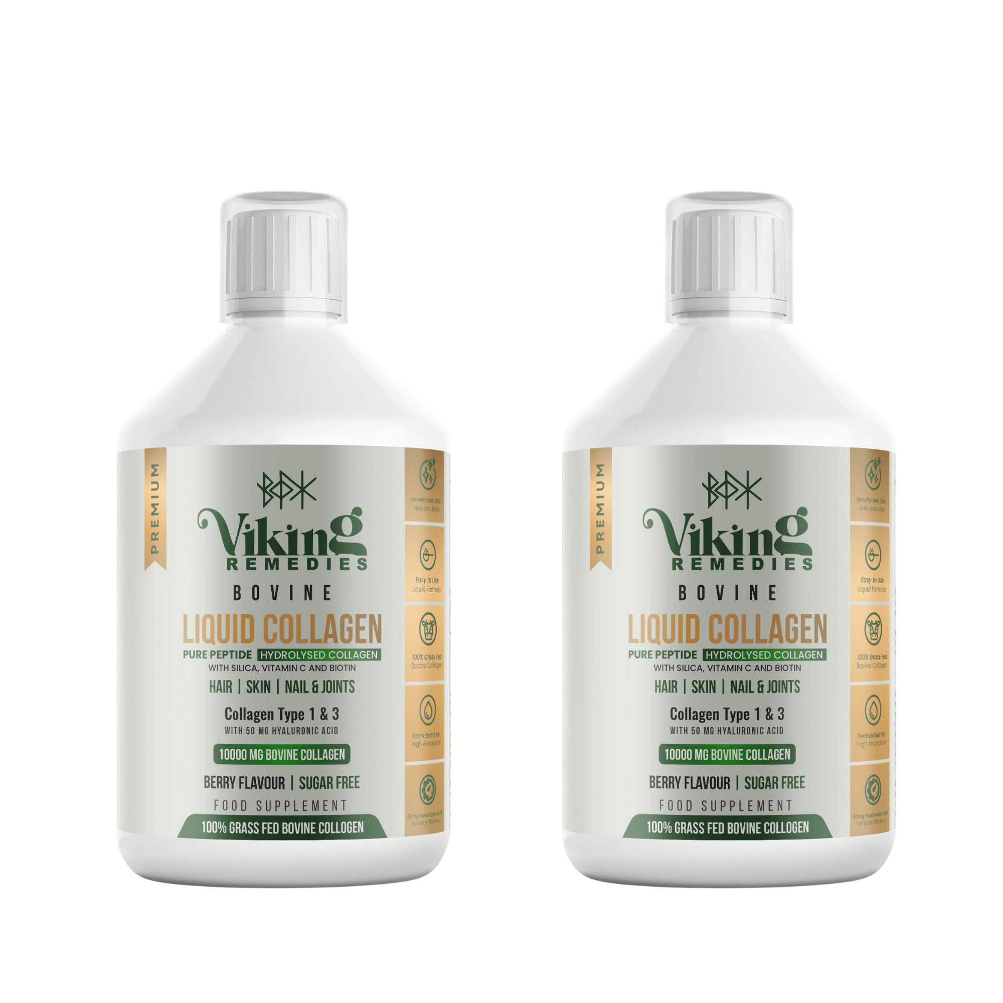 Two bottles of 500ml Bovine Collagen Liquid, premium collagen supplement for skin, hair, nails, and joint health. High-strength formula designed for daily wellness support. View product details for benefits and usage.