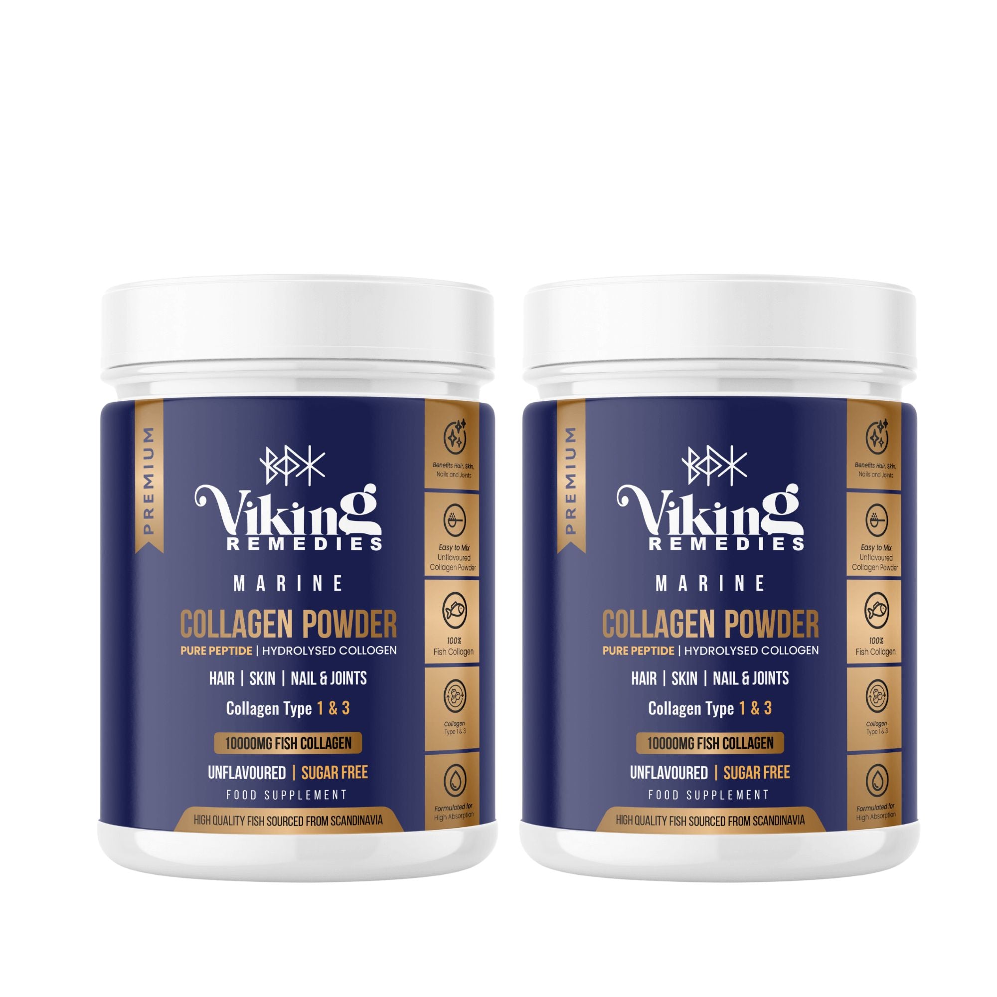 Two bottles of Viking Remedies Marine Collagen Powder, 300g each, high-quality collagen supplement available in the UK. Perfect for skin, joint, and hair health. Order now for fast UK delivery.