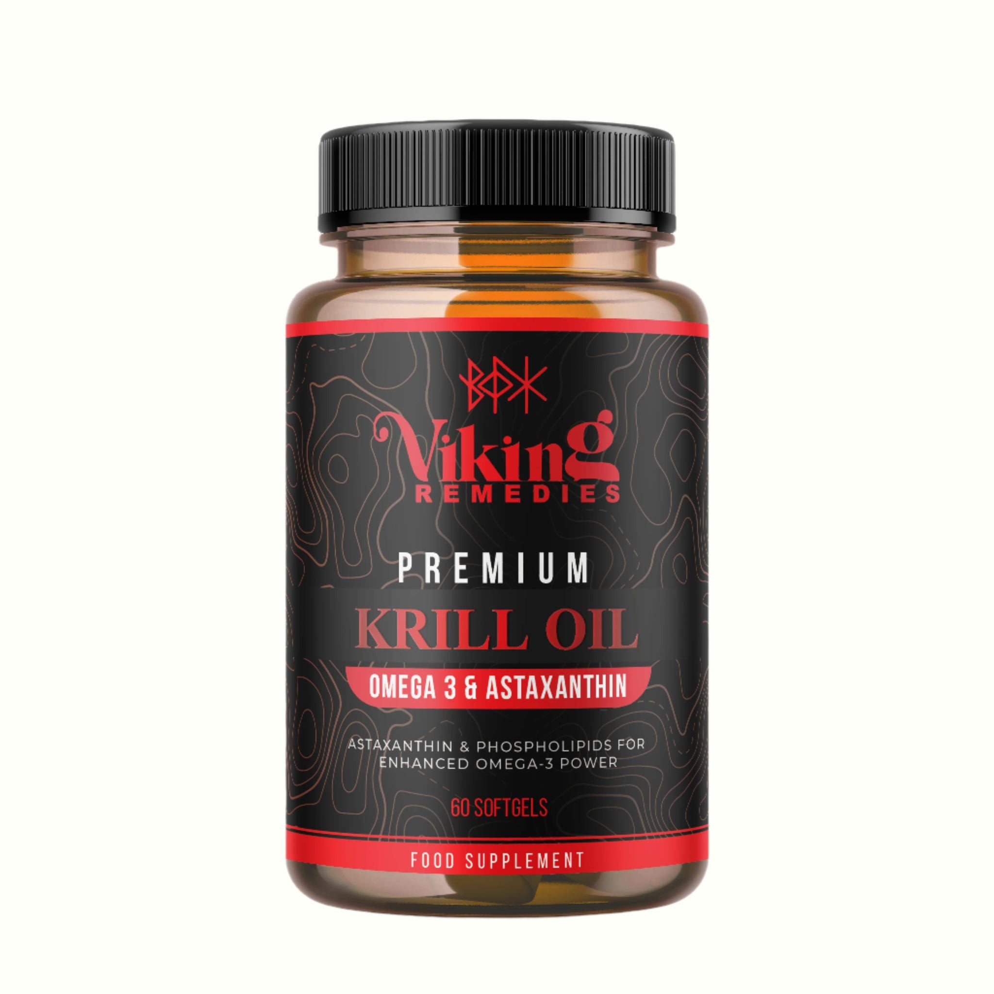 Bottle of Viking Remedies Krill Oil Supplement with high DHA & EPA, supporting heart and brain health.