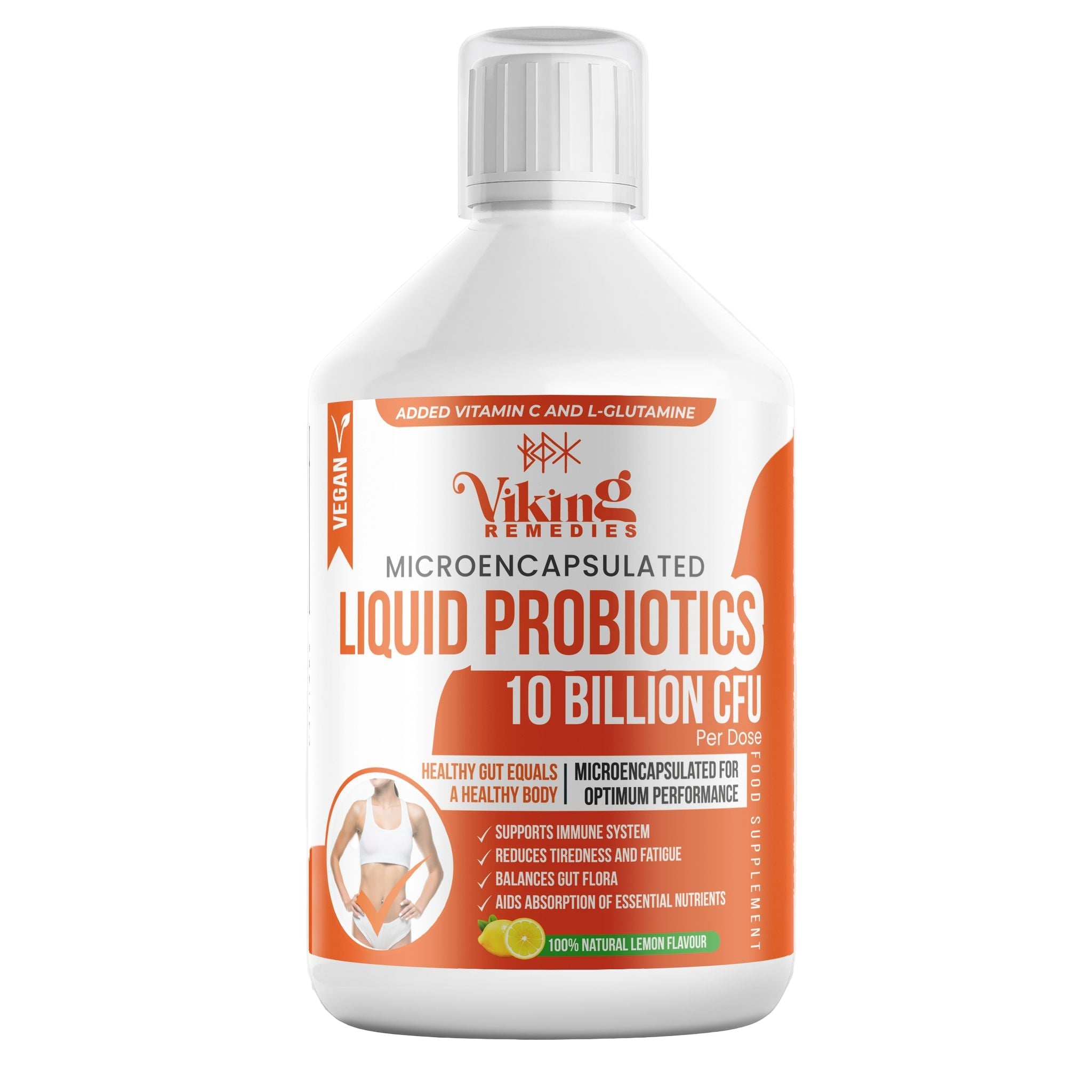 A bottle of Viking Remedies Liquid Probiotics featuring 10 Billion CFU per dose with added Vitamin C and L-Glutamine. Designed for gut health, digestion, and immune support, with a 100% natural lemon flavour.