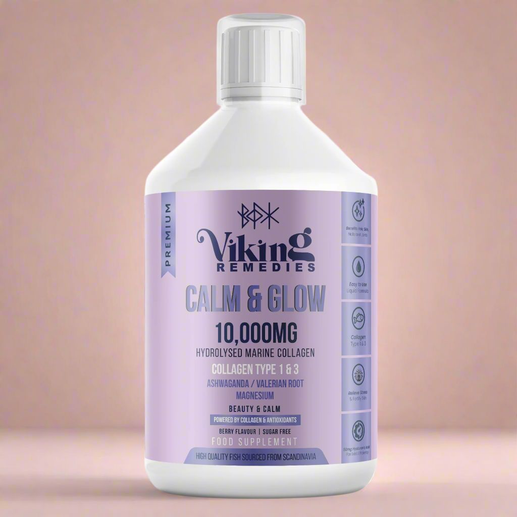Nourish your body with Calm & Glow Marine Collagen Liquid – 10,000mg high-strength collagen, ashwagandha for stress relief, and magnesium for muscle recovery in tasty berry flavour. 500ml health supplement.