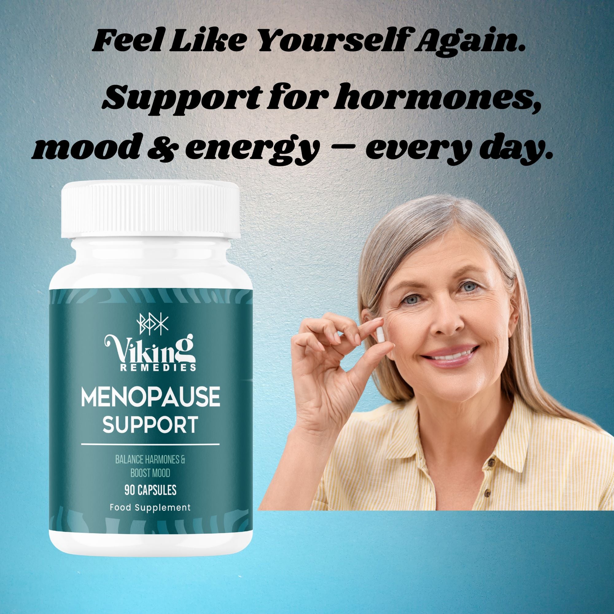 Menopause Support capsules – natural women’s health supplement in the UK to ease menopause symptoms, support energy levels, and maintain emotional balance.