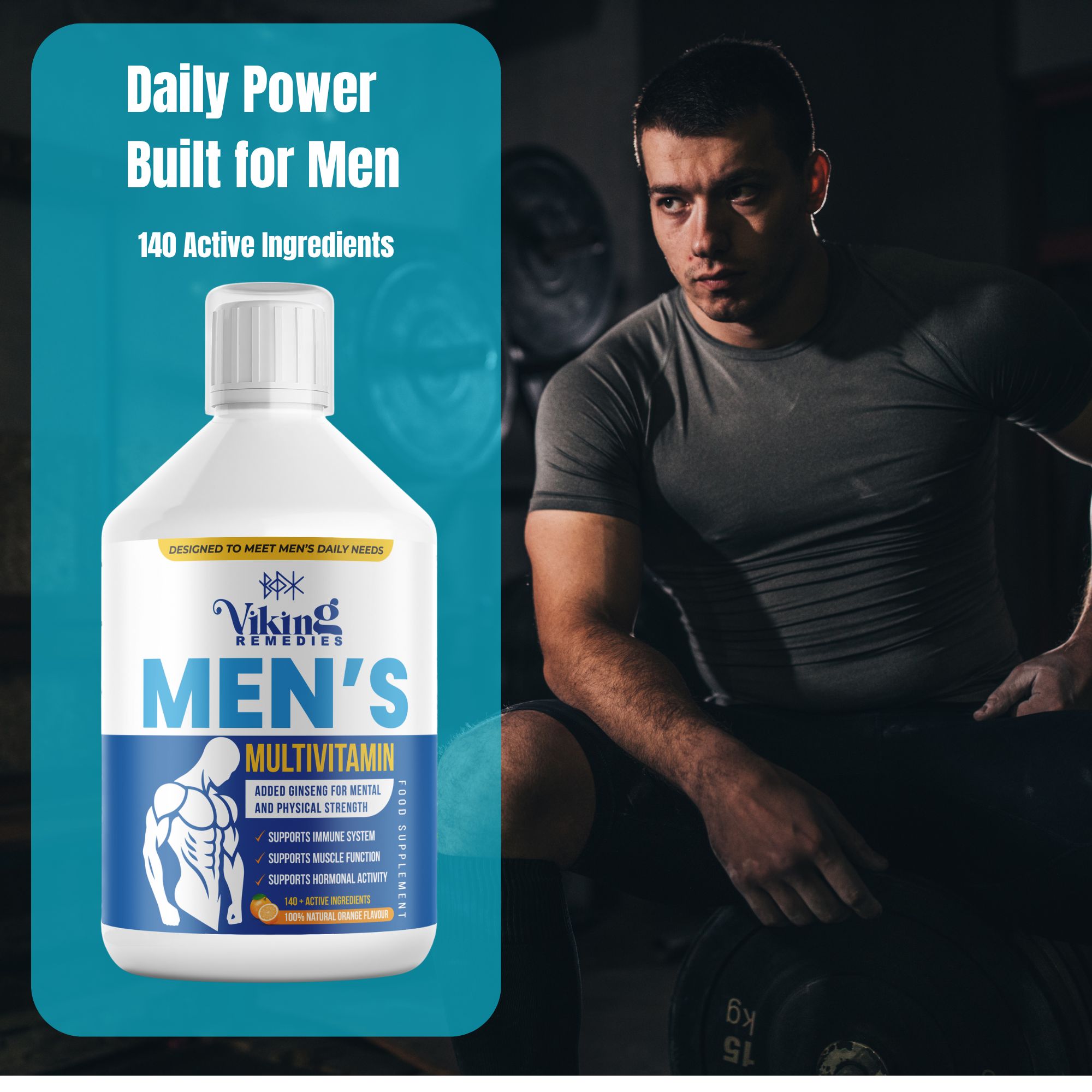 Premium Men’s Multivitamin Liquid 500ml bottle – formulated to boost men’s health, stamina, and immune system with essential vitamins and minerals. UK supplement brand.
