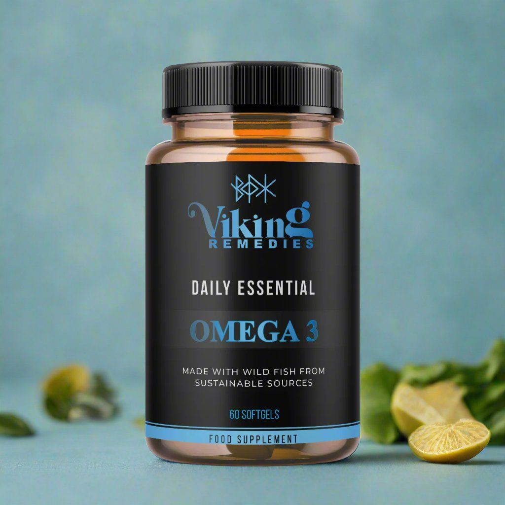 Daily Essential Omega-3 softgels by Viking Remedies – natural omega-3 fatty acids for heart, brain, eye, and joint support.