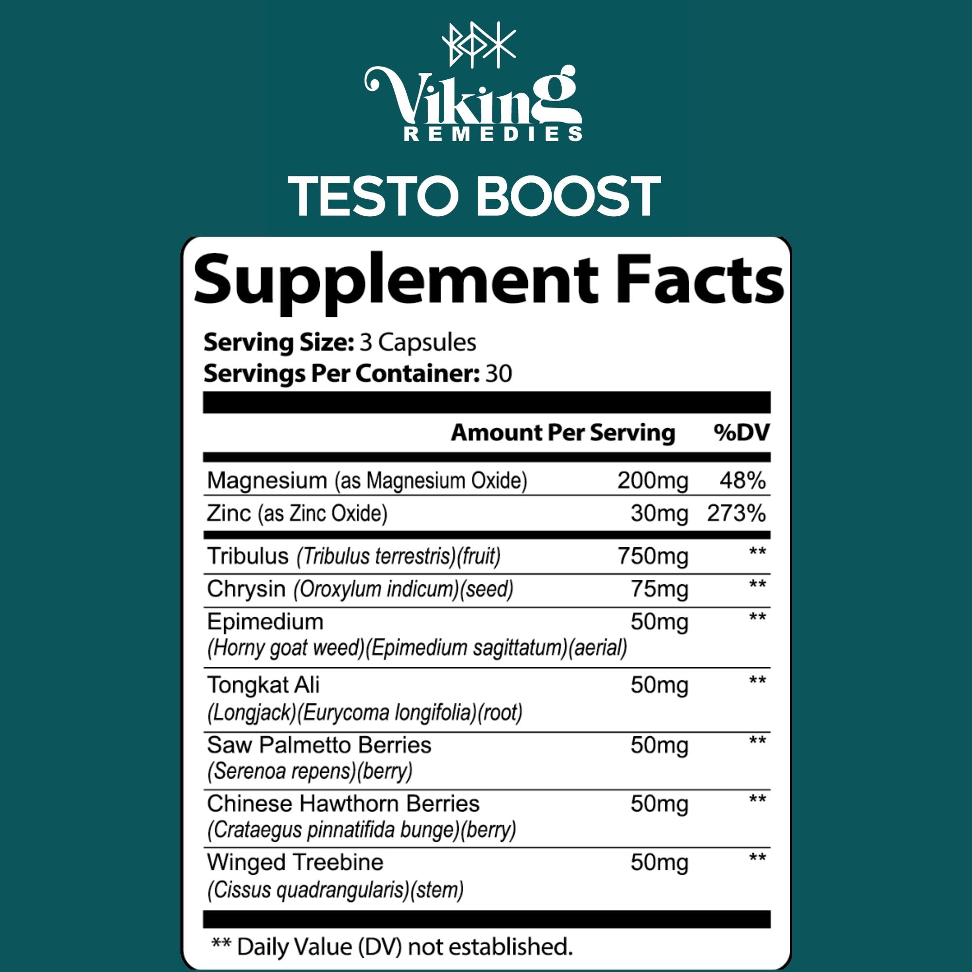 Viking Remedies TestoBoost supplement bottle – formulated for men’s energy, stamina, strength, and muscle mass support with natural testosterone-boosting ingredients.