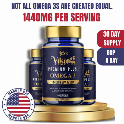 Premium Plus Omega-3 High EPA/DHA bottle – pure and concentrated fish oil formula for heart, brain, eye, and joint support.