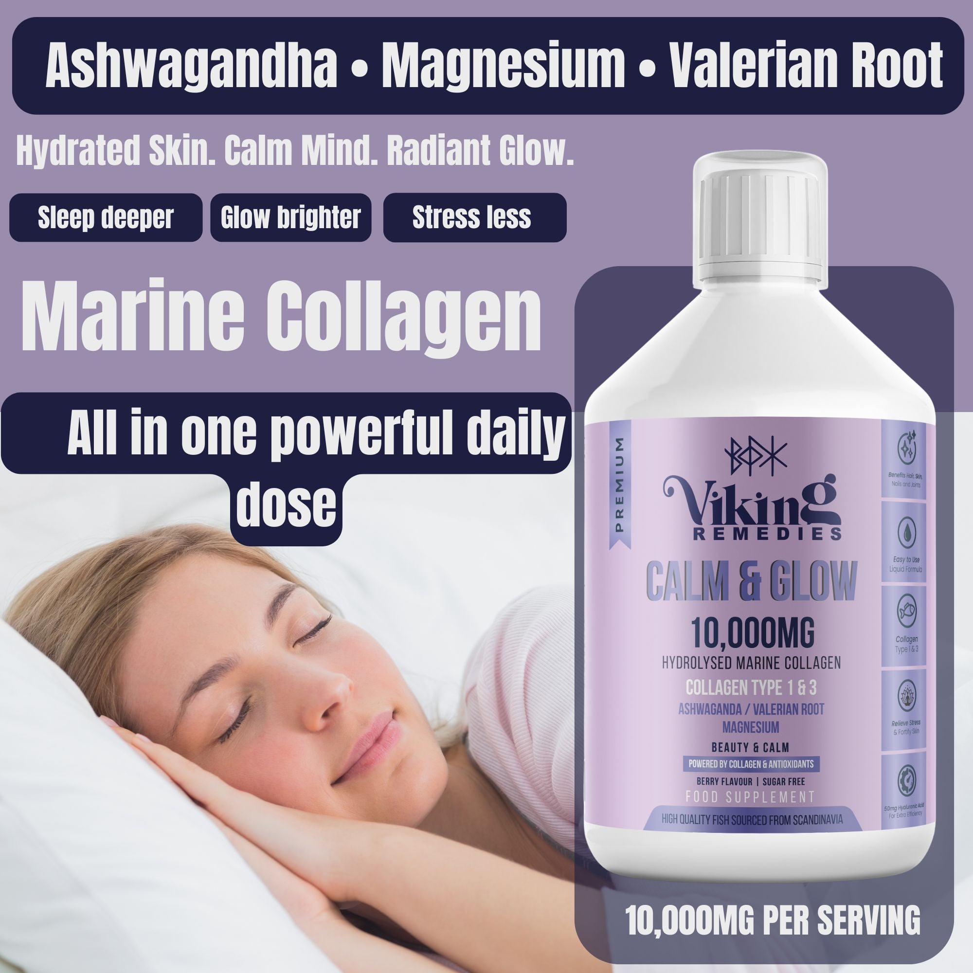 Calm & Glow Marine Collagen Liquid with 10,000mg collagen, ashwagandha, and magnesium in delicious berry flavour. Supports skin hydration, joint health, and relaxation. 500ml premium supplement for beauty and wellness.