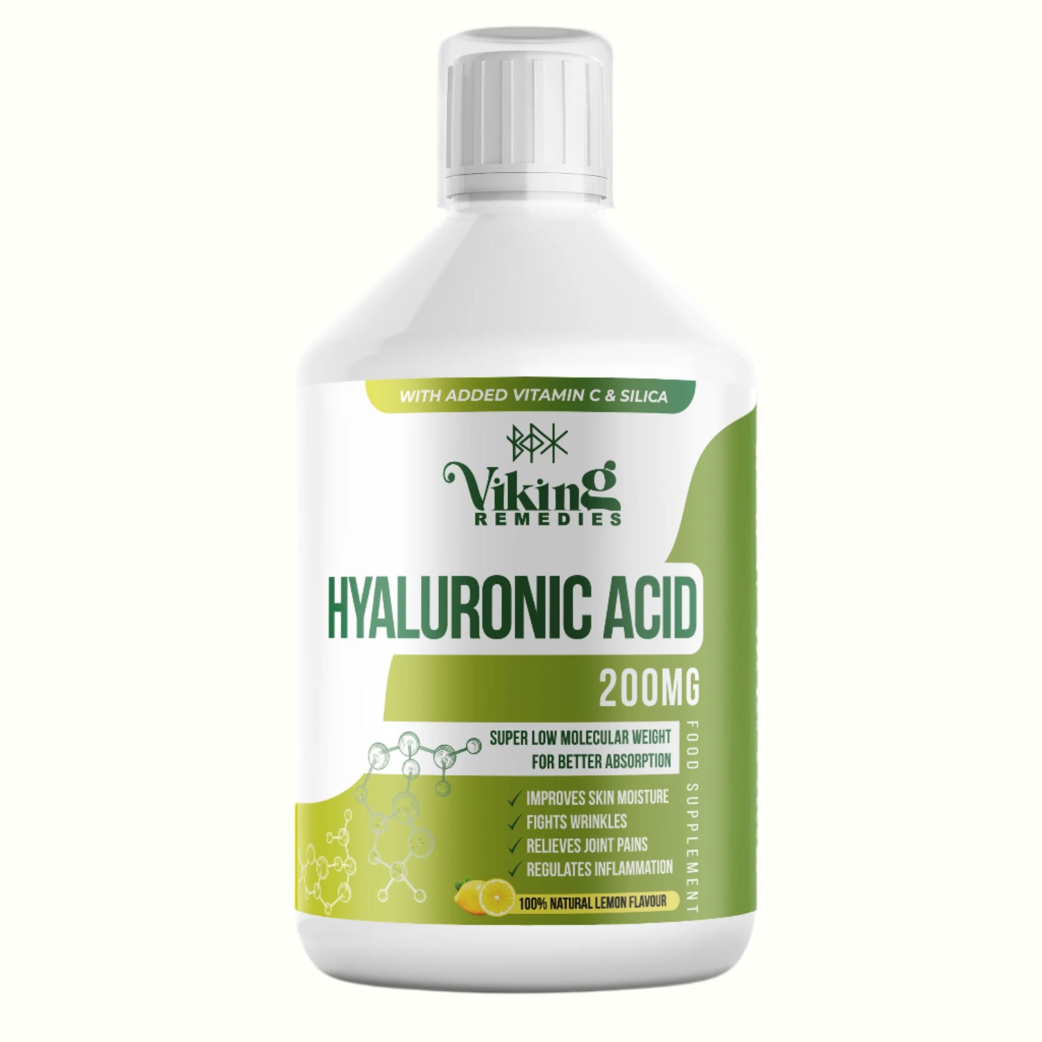 Hyaluronic Acid 200mg 500ml bottle – liquid supplement to support skin hydration, joint lubrication, and anti-aging benefits.