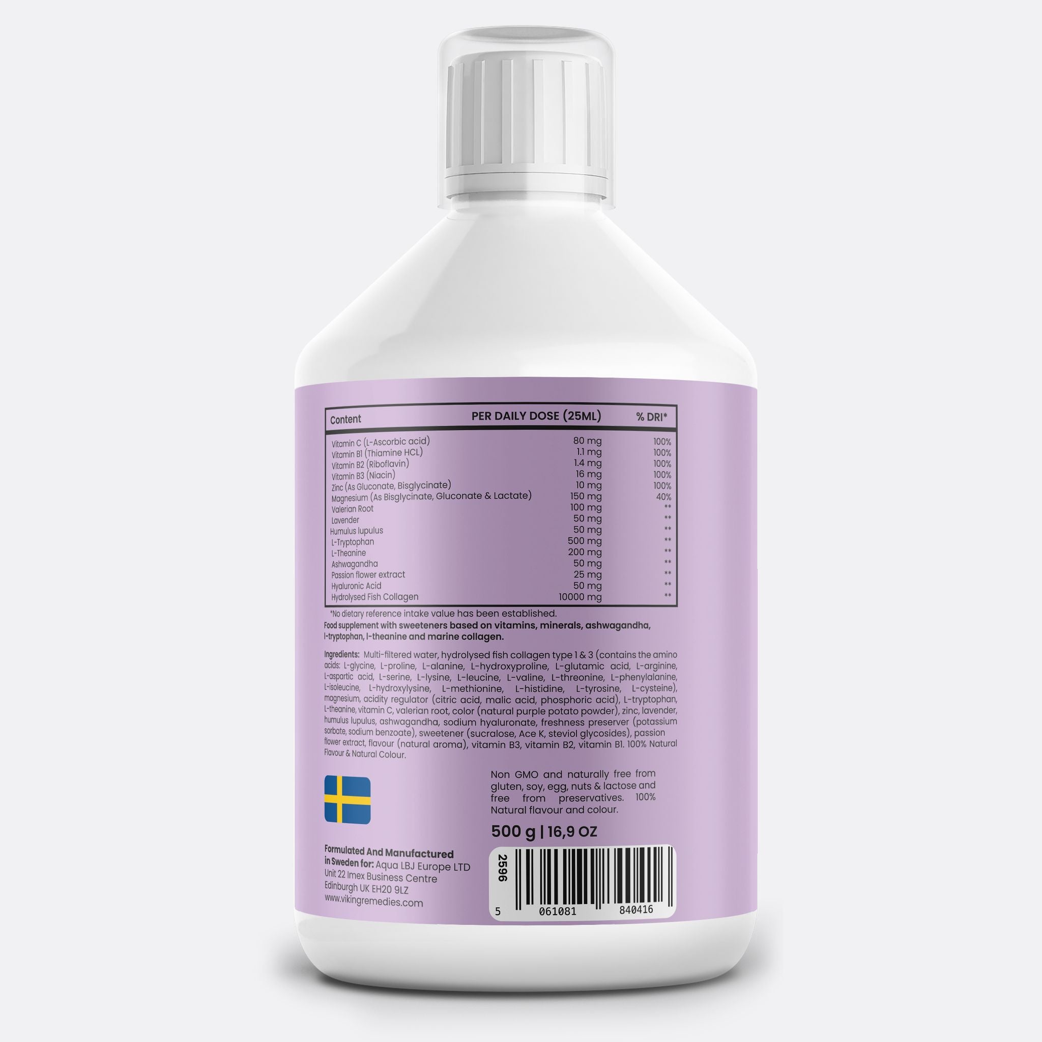 Premium Calm & Glow Marine Collagen Liquid with 10,000mg collagen peptides, ashwagandha, and magnesium in refreshing berry flavour. Supports skin elasticity, joint health, relaxation, and overall wellness. 500ml bottle.