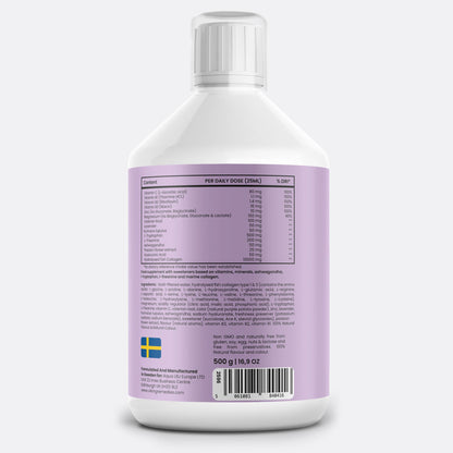 Premium Calm & Glow Marine Collagen Liquid with 10,000mg collagen peptides, ashwagandha, and magnesium in refreshing berry flavour. Supports skin elasticity, joint health, relaxation, and overall wellness. 500ml bottle.