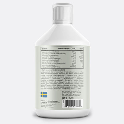 Double pack of 500ml Bovine Collagen Liquid bottles, rich in collagen peptides to promote skin elasticity, joint mobility, and healthy hair growth. View full details for quality and nutritional information.