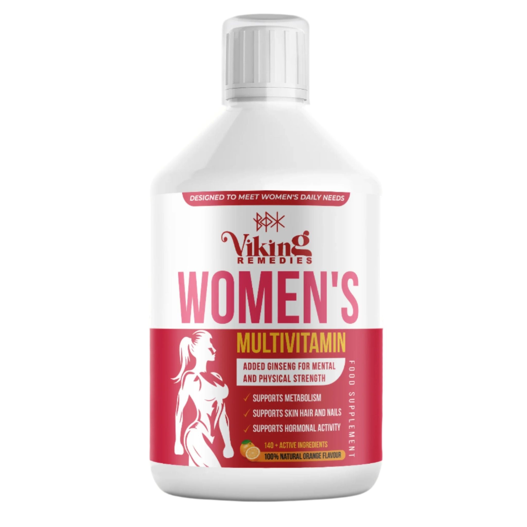 Bottle of Liquid Multivitamin for Women with 140+ essential nutrients for energy, immunity, and overall well-being.