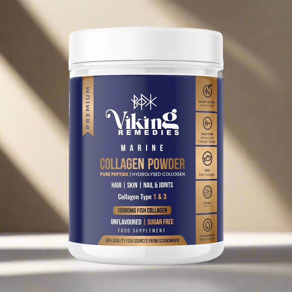 Viking Remedies double marine collagen powder pack, 300g bottles, premium collagen sourced for maximum absorption. Supports healthy skin, hair, nails, and joints. Order quickly within the UK for speedy delivery.