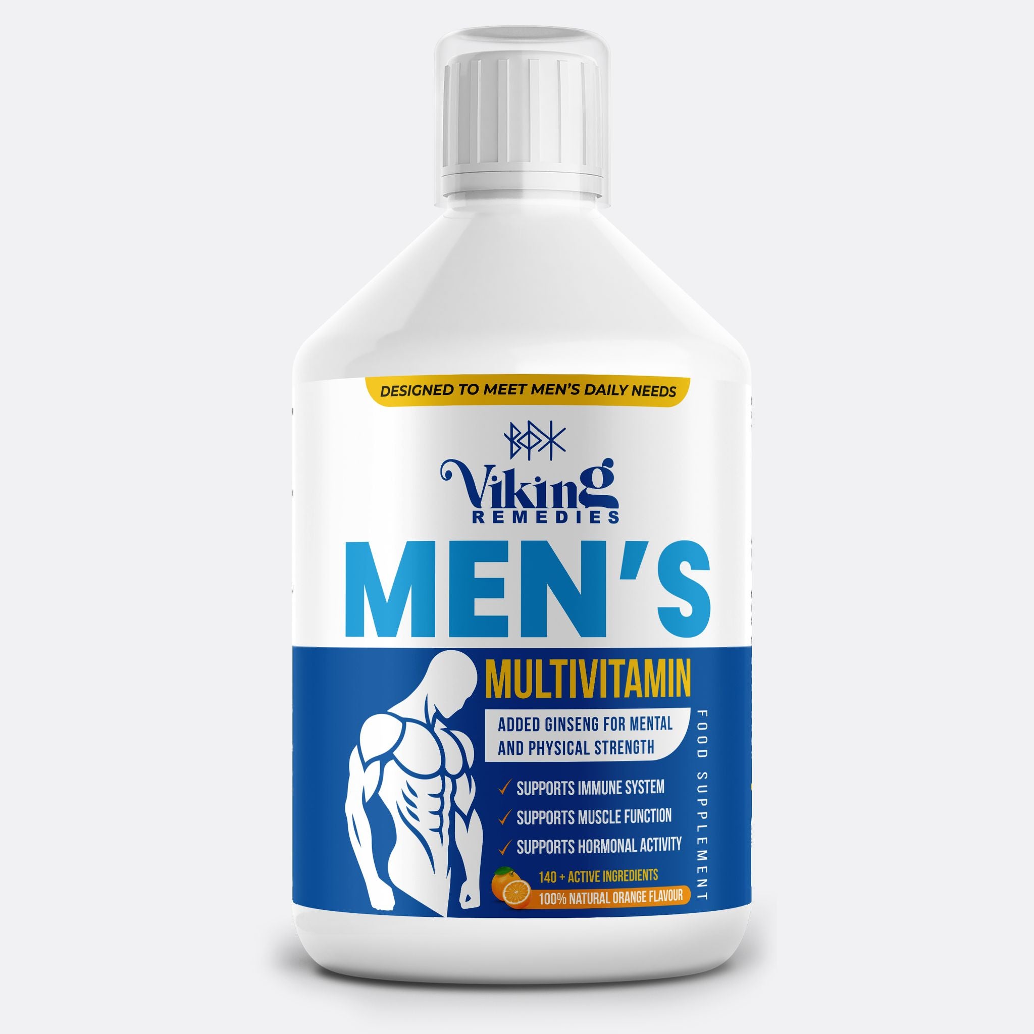 Men’s Multivitamin Liquid 500ml bottle – daily nutritional supplement for men in the UK, supporting energy, immunity, muscle health, and overall wellness with essential vitamins and minerals.
