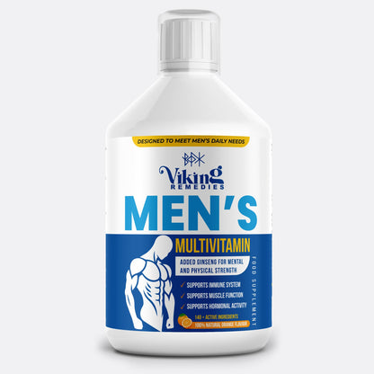 Men’s Multivitamin Liquid 500ml bottle – daily nutritional supplement for men in the UK, supporting energy, immunity, muscle health, and overall wellness with essential vitamins and minerals.