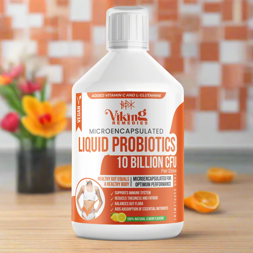 Viking Remedies Liquid Probiotic Supplement with microencapsulation technology to enhance gut flora, reduce fatigue, and support nutrient absorption. Contains vegan-friendly ingredients with a refreshing lemon flavour.