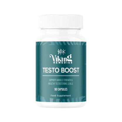 Viking Remedies TestoBoost bottle – natural testosterone support supplement for men to enhance energy, stamina, strength, and lean muscle growth.