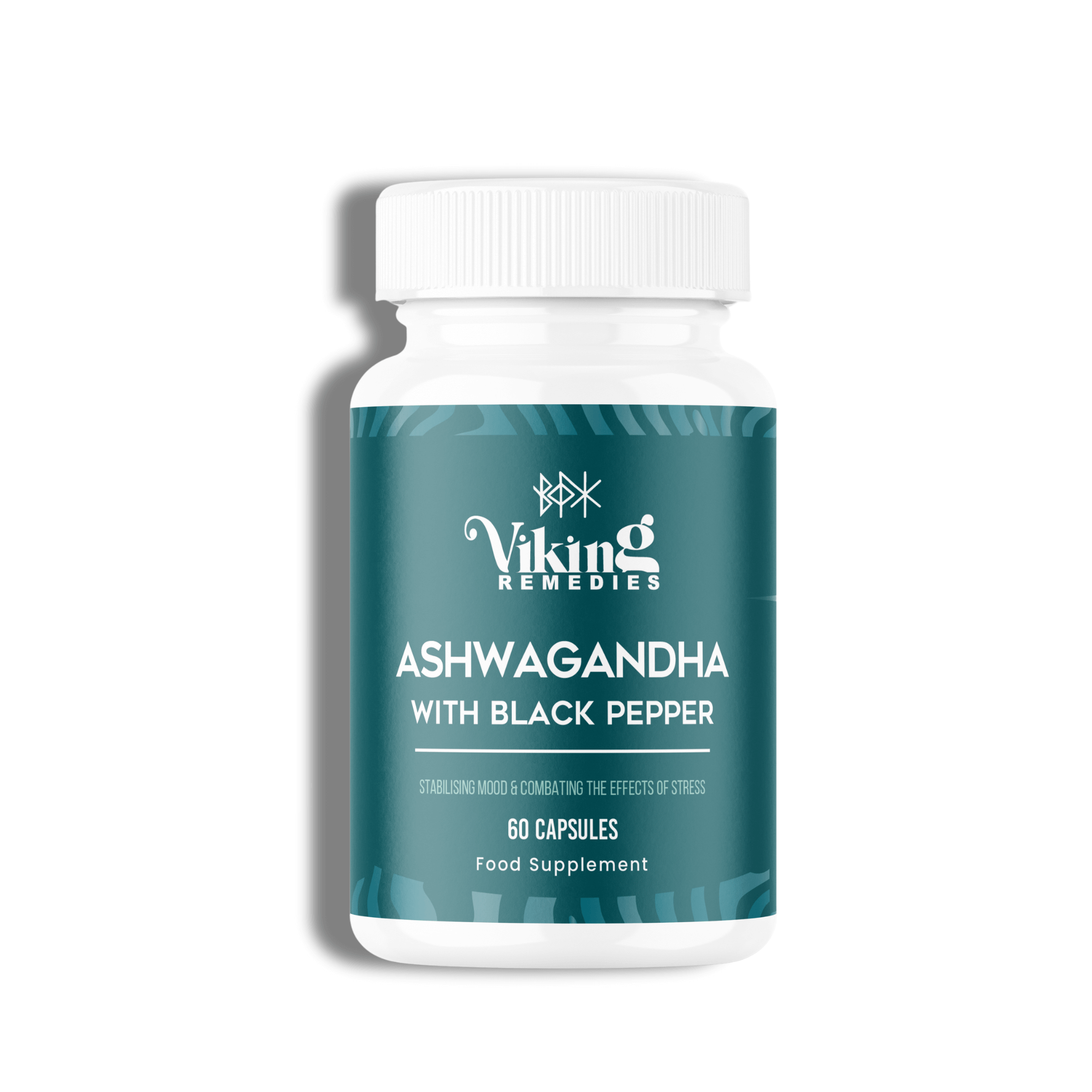 Viking Remedies Ashwagandha with Black Pepper, a natural supplement for stress reduction, cognitive support, and hormonal balance in an easy-to-take capsule form.








