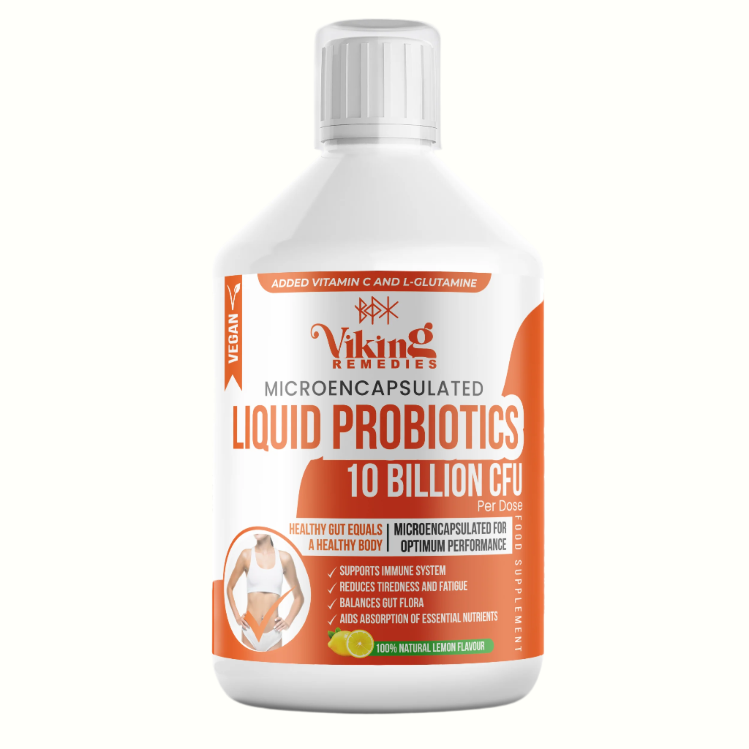 A premium liquid probiotic supplement by Viking Remedies, formulated for gut balance, immune health, and digestive support. Features 10 Billion CFU, Vitamin C, and L-Glutamine, in an easy-to-take lemon-flavoured liquid.