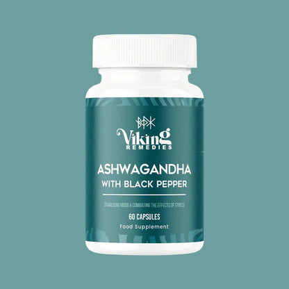 Viking Remedies Ashwagandha with Black Pepper supplement in a 60-capsule bottle. Supports stress relief, sleep, focus, and hormonal balance. Ideal for daily wellness.








