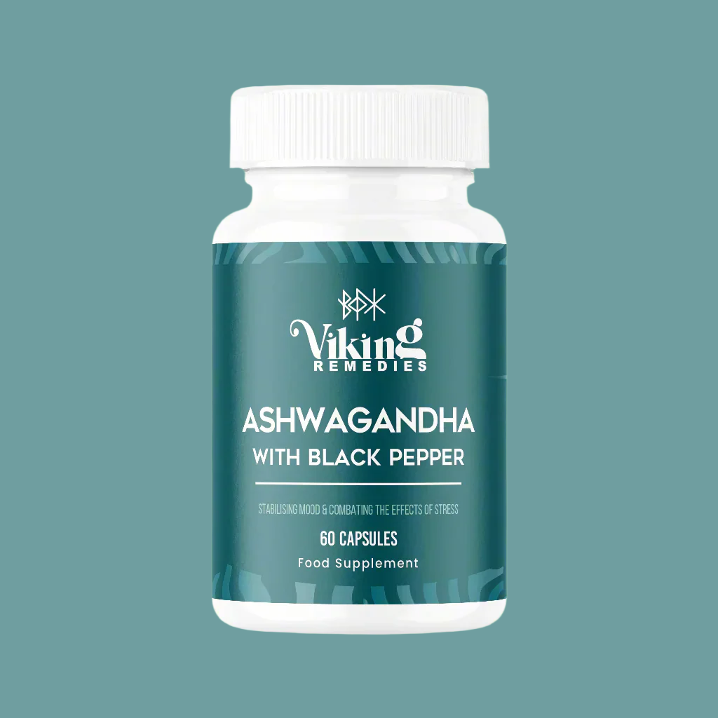 Viking Remedies Ashwagandha with Black Pepper supplement in a 60-capsule bottle. Supports stress relief, sleep, focus, and hormonal balance. Ideal for daily wellness.








