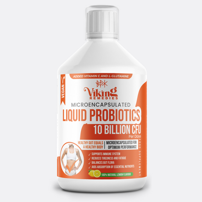A bottle of Viking Remedies Liquid Probiotics featuring 10 Billion CFU per dose with added Vitamin C and L-Glutamine. Designed for gut health, digestion, and immune support, with a 100% natural lemon flavour.