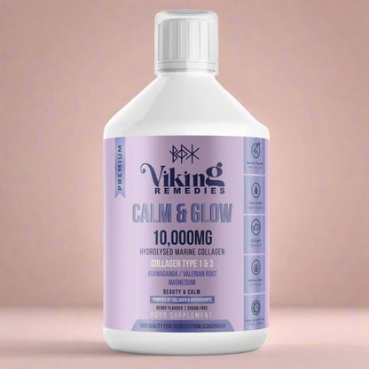Nourish your body with Calm & Glow Marine Collagen Liquid – 10,000mg high-strength collagen, ashwagandha for stress relief, and magnesium for muscle recovery in tasty berry flavour. 500ml health supplement.