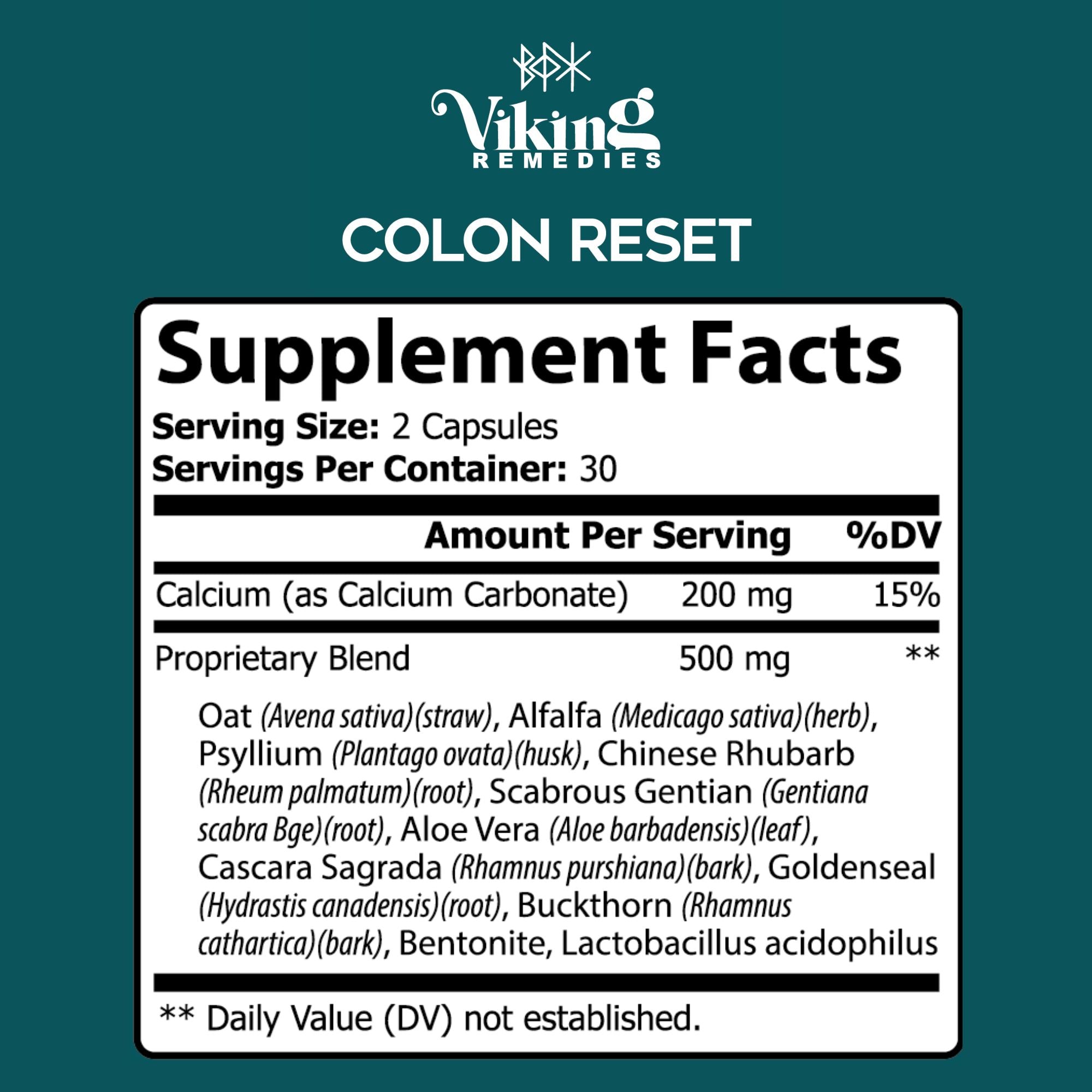 Premium Viking Remedies Colon Reset – herbal digestive cleanse supplement for gut health, toxin removal, and improved nutrient absorption in a sleek bottle design.