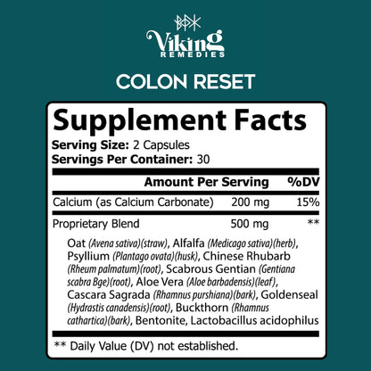 Premium Viking Remedies Colon Reset – herbal digestive cleanse supplement for gut health, toxin removal, and improved nutrient absorption in a sleek bottle design.