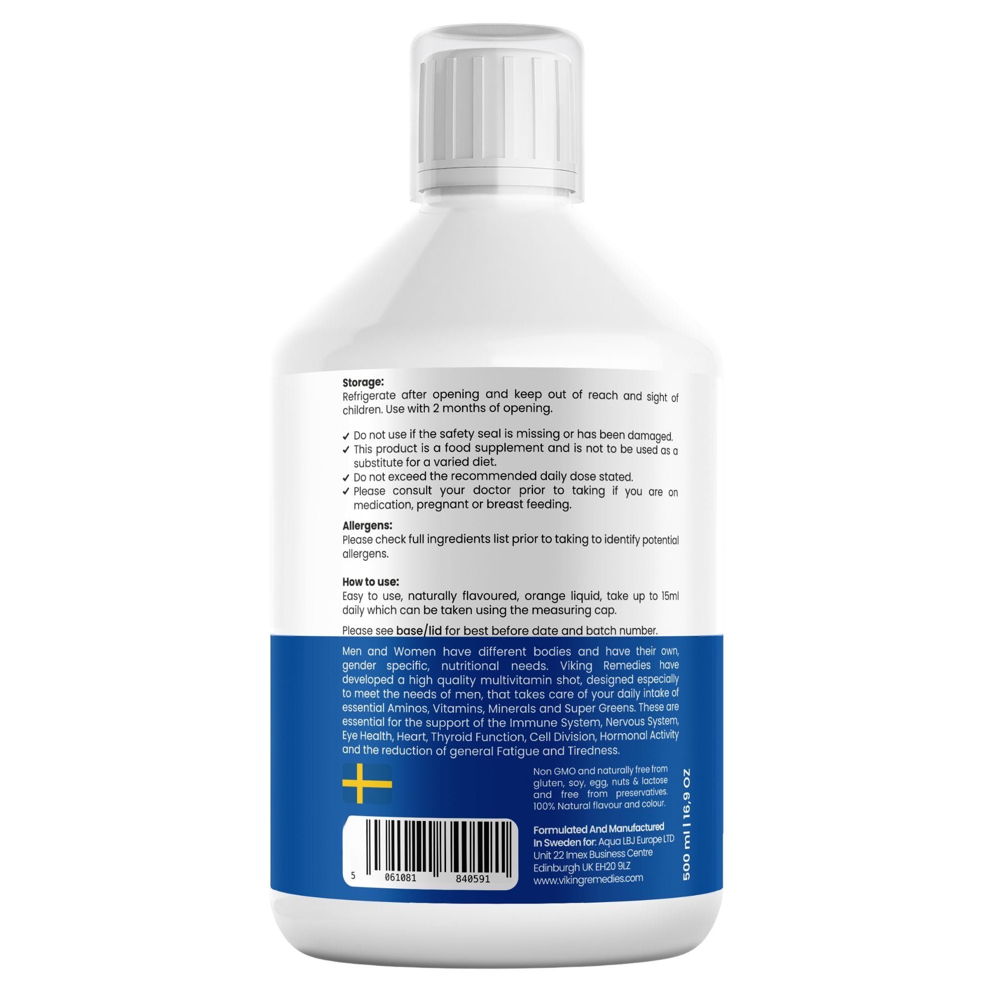 Men’s Multivitamin Liquid 500ml – daily multivitamin supplement for men in the UK, supporting energy levels, immune defense, and overall health in a premium liquid formula.