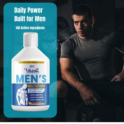 Premium Men’s Multivitamin Liquid 500ml bottle – formulated to boost men’s health, stamina, and immune system with essential vitamins and minerals. UK supplement brand.