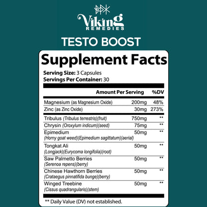 Viking Remedies TestoBoost supplement bottle – formulated for men’s energy, stamina, strength, and muscle mass support with natural testosterone-boosting ingredients.